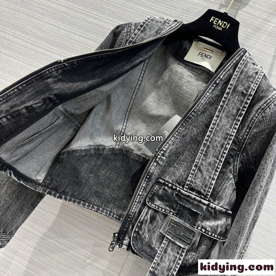 23SS ブラックデニムジャケット Vネック FFバゲット フェンディ ジャケット コピー-1