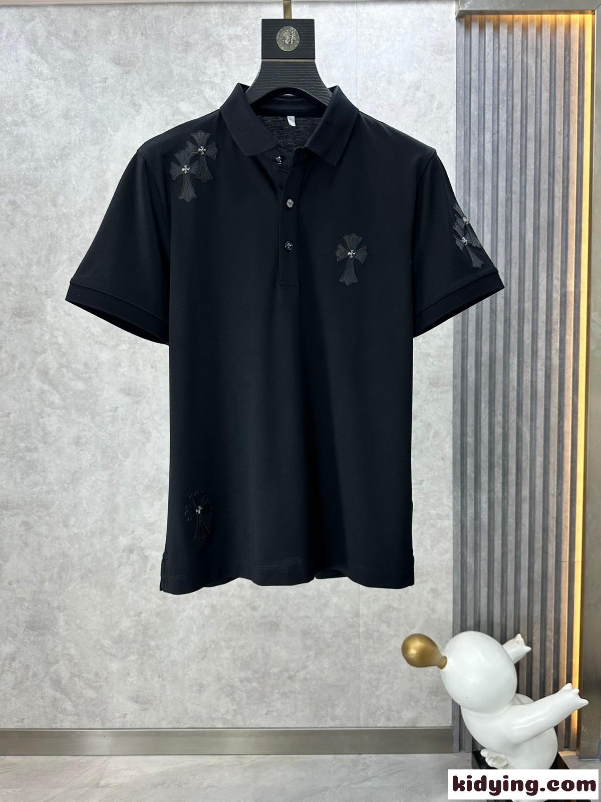 クロムハーツ Tシャツ 偽物 カジュアル クロスパッチ クルーネック 半袖 ポロシャツ ブラック-1