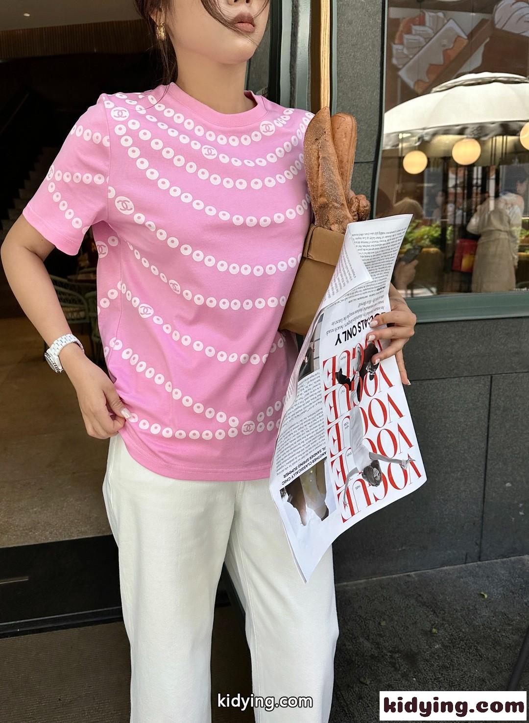 お洒落 パールプリント 半袖Tシャツ シャネル Tシャツ コピー コットン ピンク-1