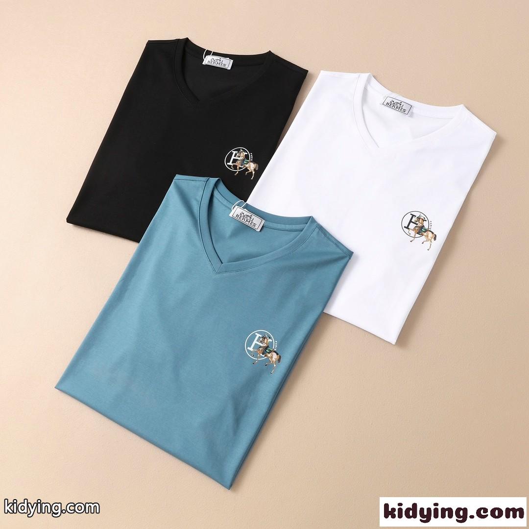 シンプル プリント 上品 Vネック エルメス 半袖tシャツ コピー 3色あり 合わせやすい トップス-0