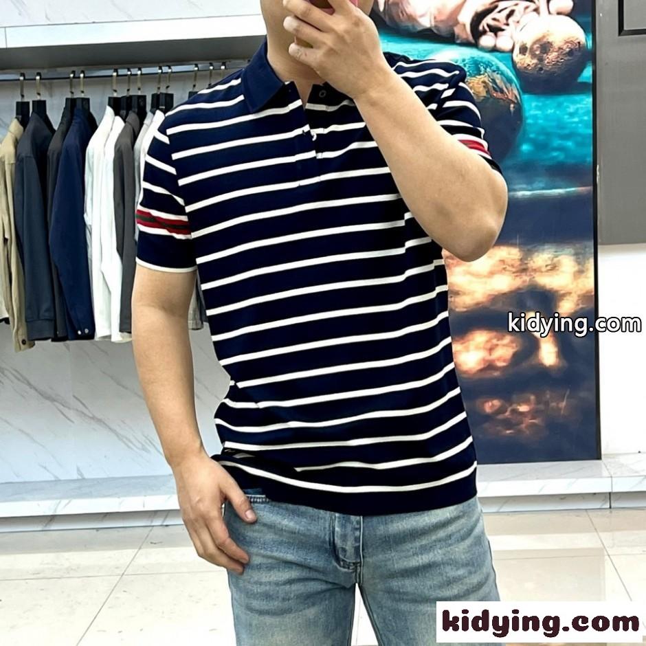 爽やか ボーダー柄 ポロシャツ グッチ Tシャツ 偽物 半袖 ネイビー-1