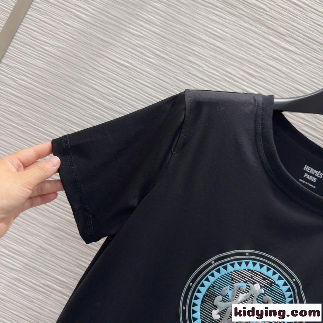 シンプル コットン 半袖 トップス エルメス Tシャツ コピー クルーネック ブラック-2