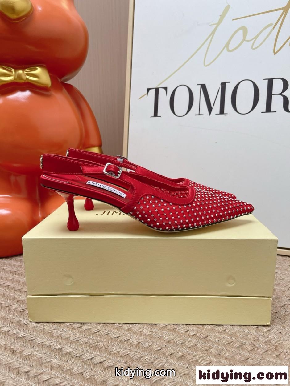メッシュ ラインストーン バックストラップ パンプス ジミーチュウ コピー レッド-1