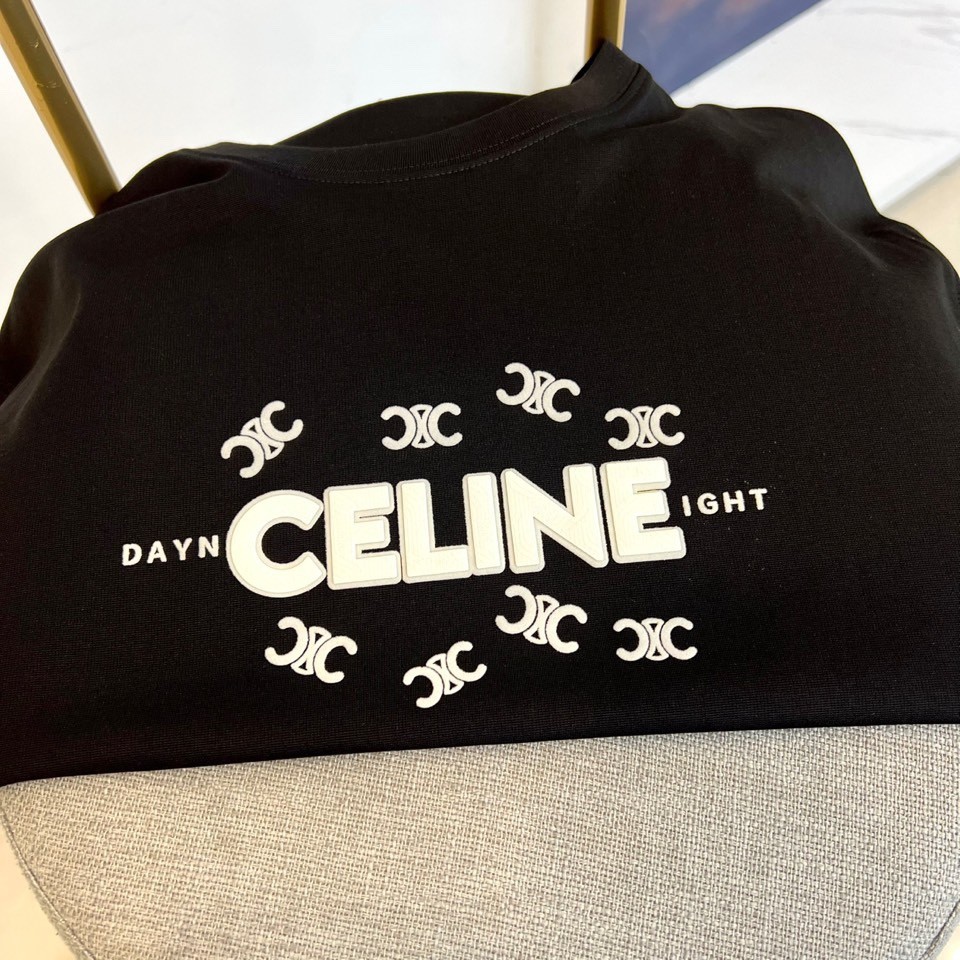 シンプル 上品 ロゴ入り クルーネック セリーヌ Tシャツ 偽物 コットン ブラック-2
