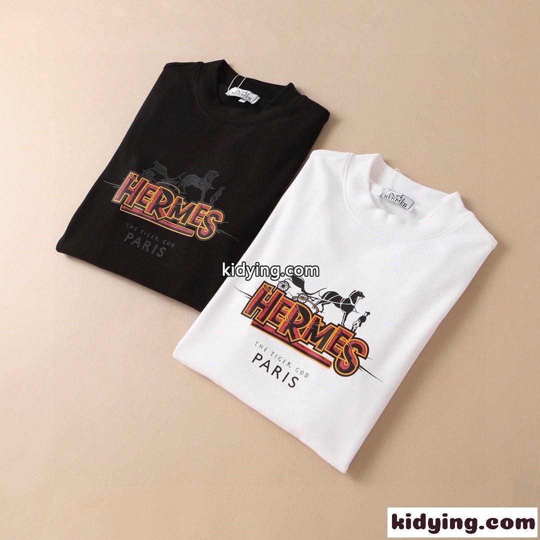 シンプル プリント エルメス tシャツ メンズ コピー プルオーバー 半袖tシャツ ホワイト ブラック着心地いい-4