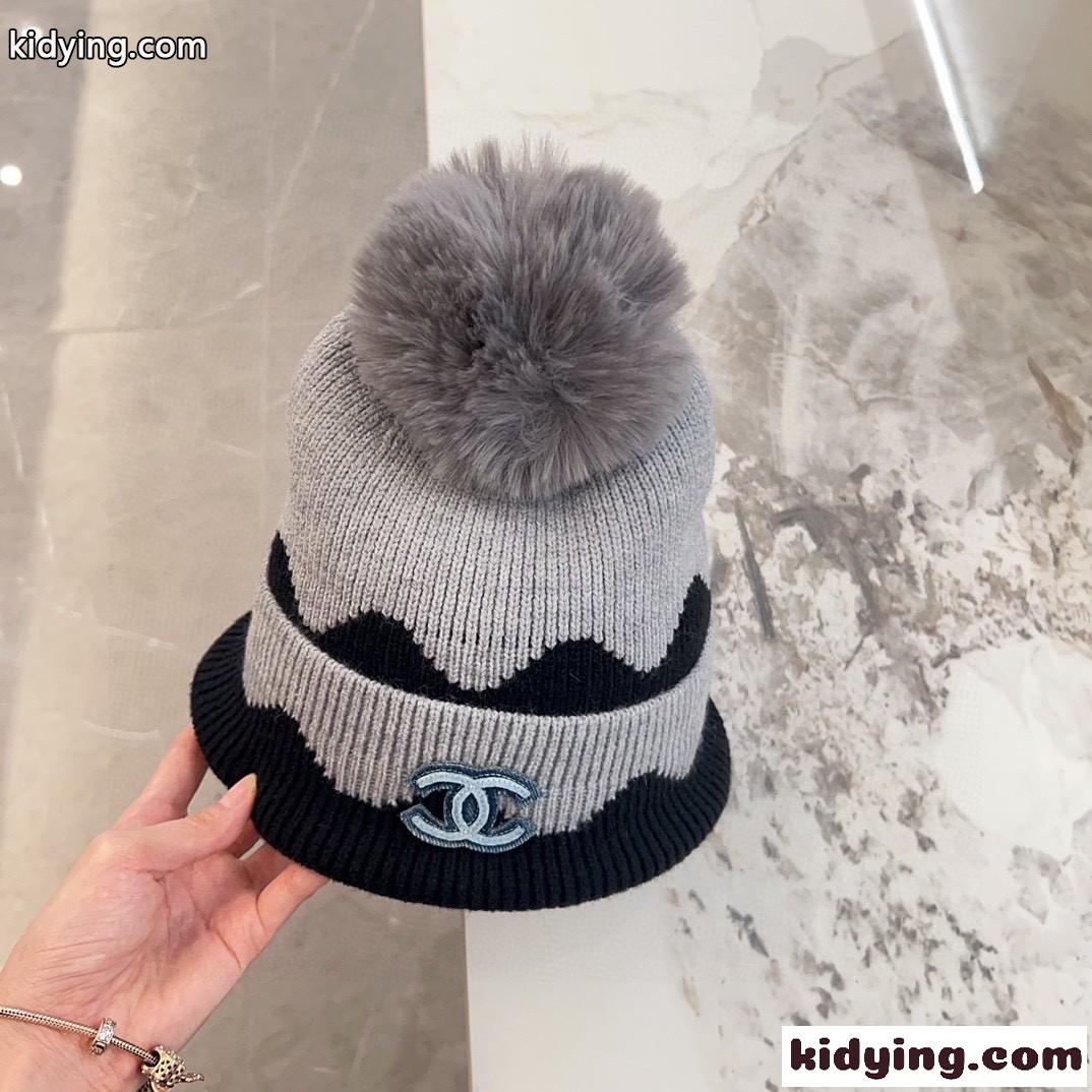 秋冬 配色 ボンボン付き ニットキャップ シャネル キャップ 偽物 裏起毛-0
