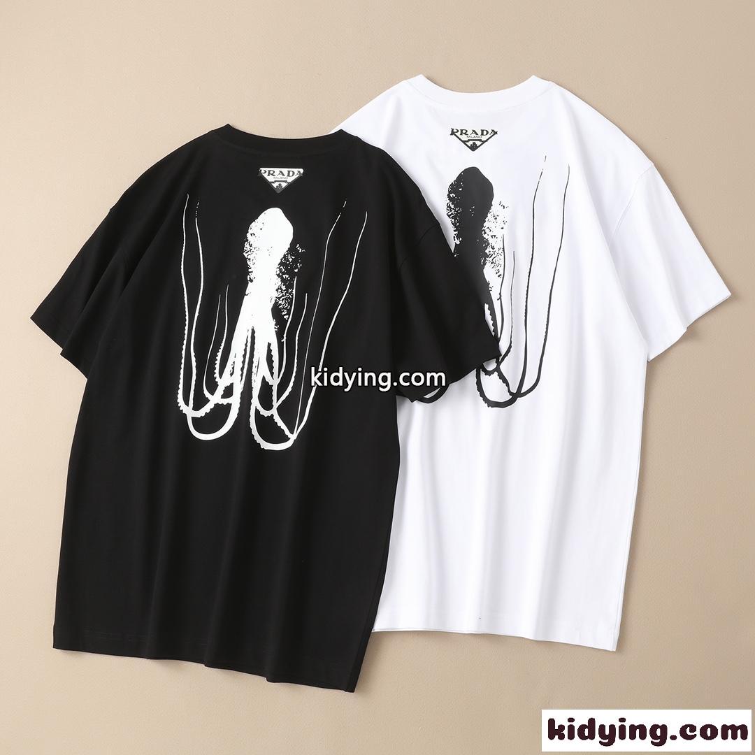 おしゃれ 人気 プリント クールネック プラダ Tシャツ コピー 半袖 メンズ カジュアル 着心地いい ホワイト ブラック-4