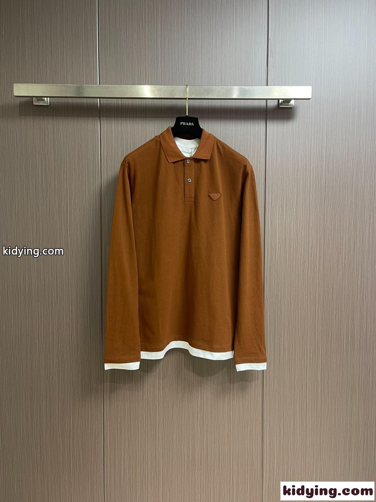レイヤリング コットン ポロシャツ プラダ Tシャツ コピー ロングスリーブ ブラウン-0