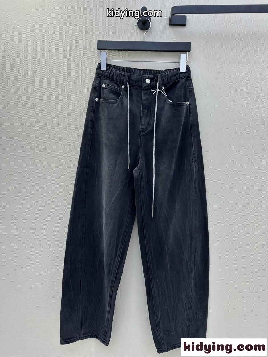 ドローストリング バレルレッグ デニムパンツ アレキサンダーワング ジーンズ 偽物 ブラック-2