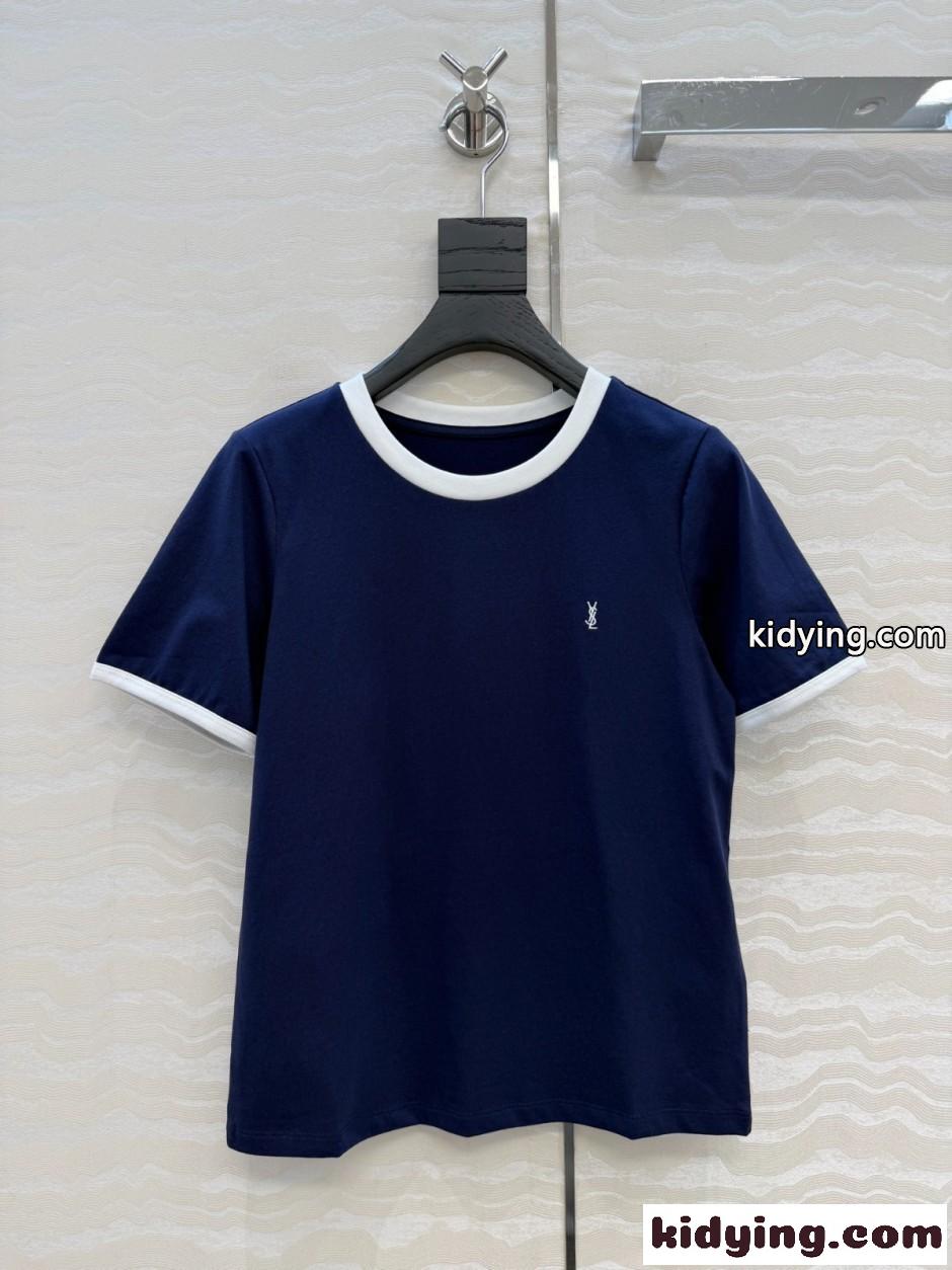 おしゃれ 配色 リンガーTシャツ イヴ・サンローラン Tシャツ コピー ネイビー-0
