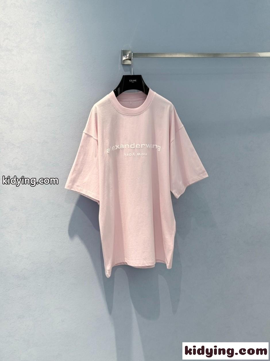 アレキサンダーワング Tシャツ 偽物 ユニセックス ロゴ 半袖Tシャツ ピンク-0