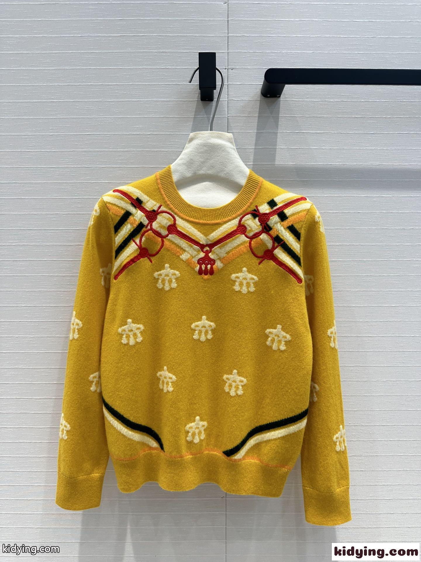 馬銜 刺繍入り ウール＆カシミヤ ニット エルメス セーター コピー イエロー-1