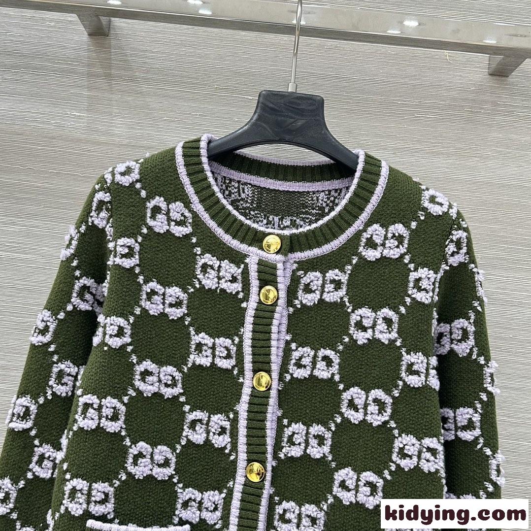 GG ウール カーディガン グッチ ニット 偽物 クルーネック グリーン-2