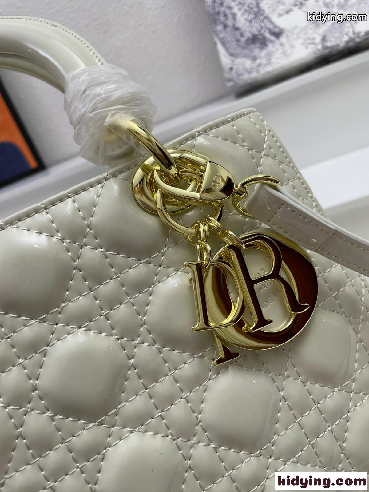 LADY DIOR パテントレザー ミディアムバッグ クリスチャン・ディオール バッグ コピー ハンドバッグ ホワイト-2