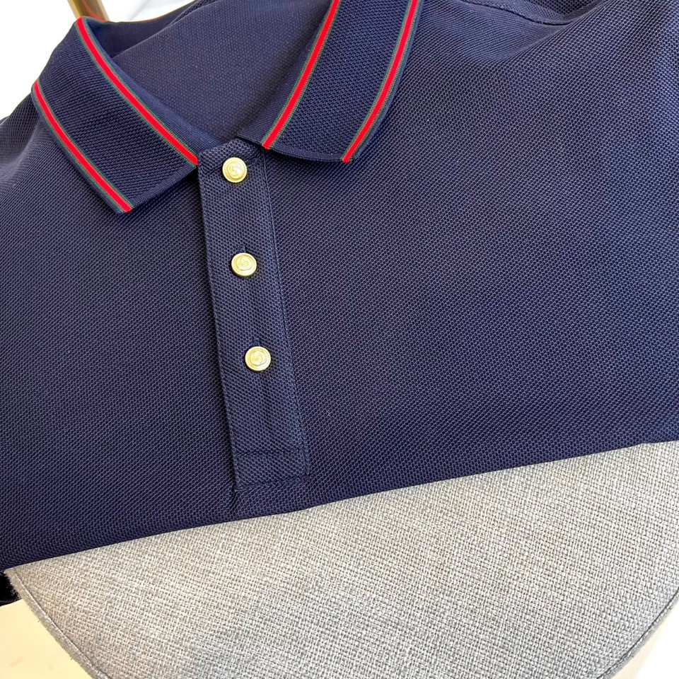 洗練された コットンピケ ポロシャツ グッチ Tシャツ 偽物 半袖トップス ネイビー-2