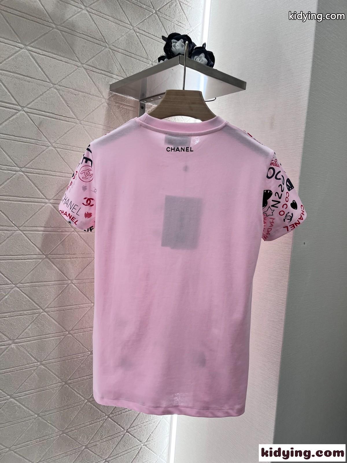 おしゃれ プリント クルーネック シャネル Tシャツ コピー コットン 半袖Tシャツ ピンク-1