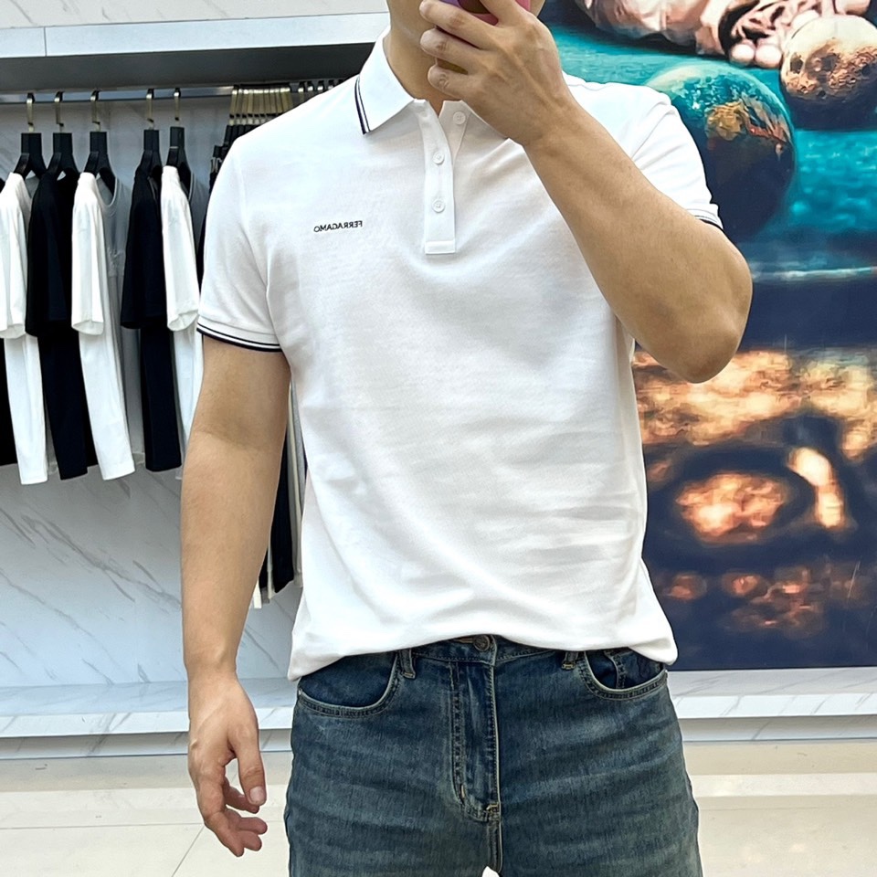 シンプル ロゴ コットンピケ ポロシャツ サルヴァトーレ・フェラガモ 半袖Tシャツ コピー ホワイト-1