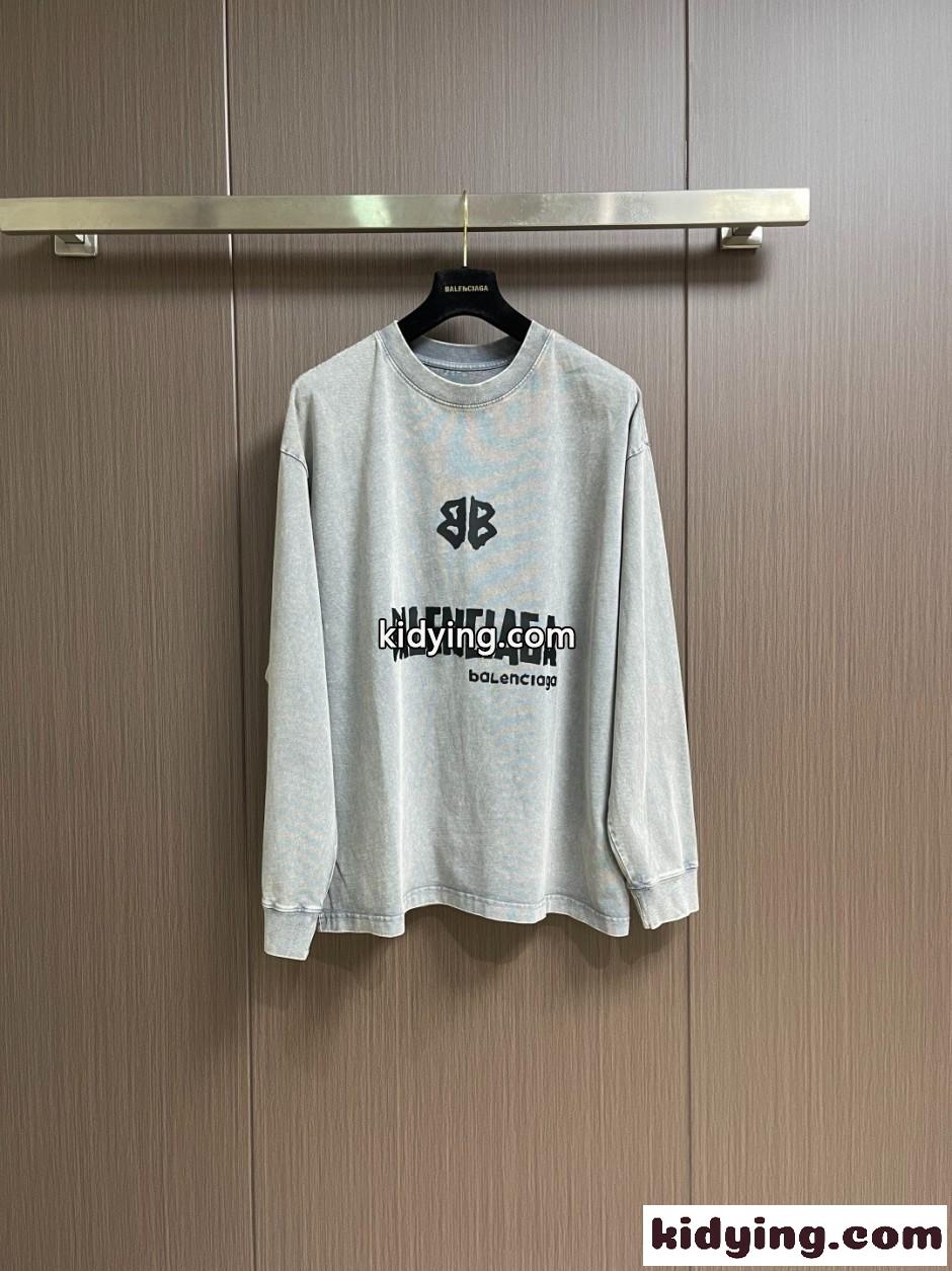 カジュアル ロゴ入り 長袖Tシャツ バレンシアガ Tシャツ 偽物 コットン グレー-0