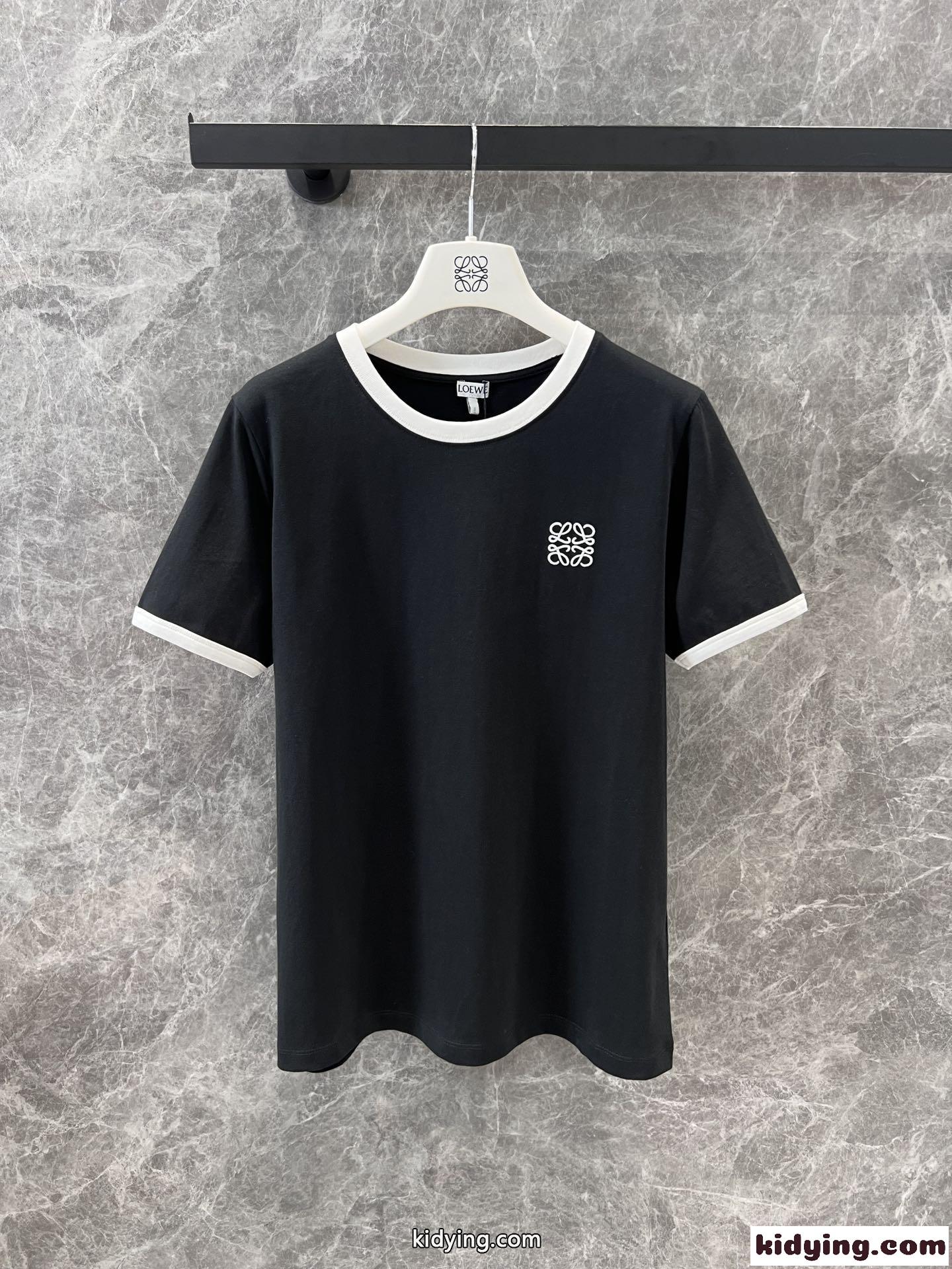 カジュアル 定番 配色 ロゴ刺繍 半袖Tシャツ ロエベ Tシャツ コピー ブラック-1