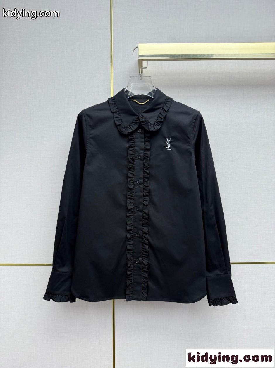 YSL ロゴ刺繍 フリル付き 長袖シャツ イヴ・サンローラン シャツ 偽物 ブラック-0