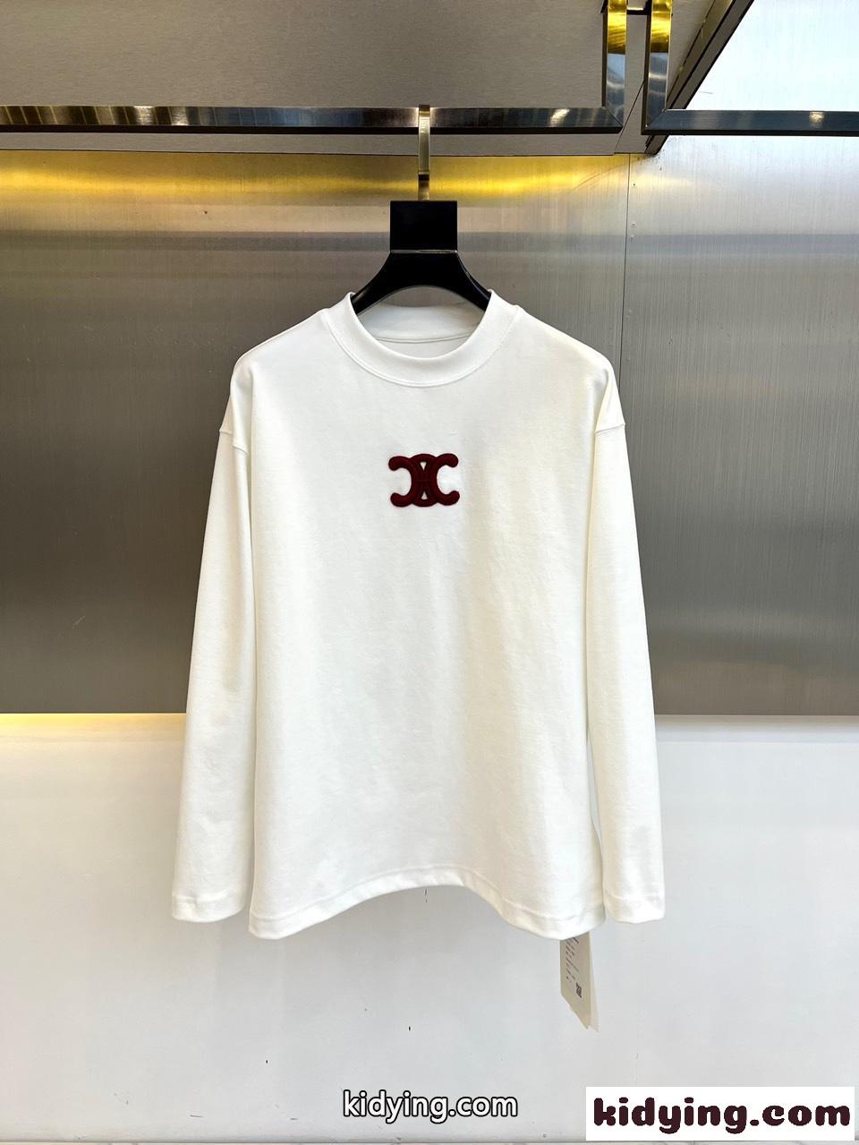シンプル トリオンフ コットン 長袖Tシャツ セリーヌ Tシャツ コピー ホワイト-0