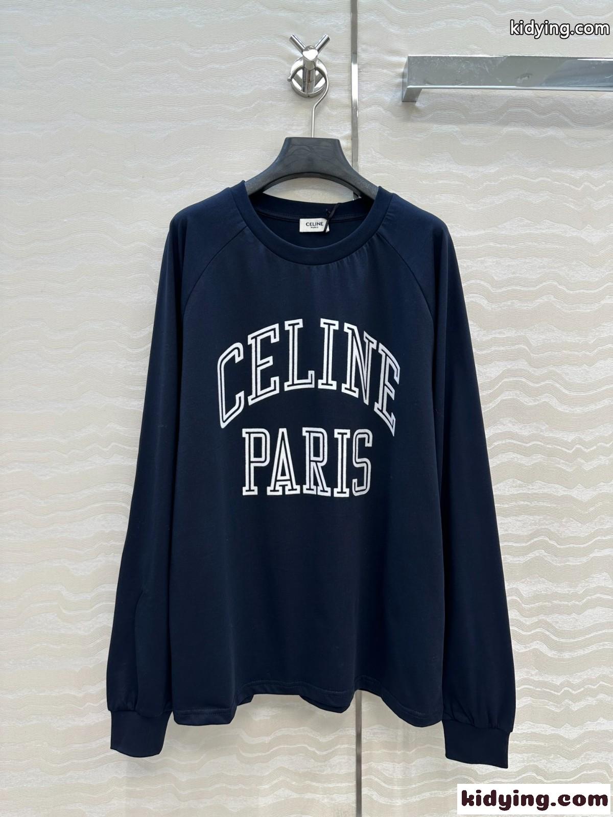 定番 カジュアル コットン 長袖Tシャツ セリーヌ Tシャツ 偽物 ネイビー-2