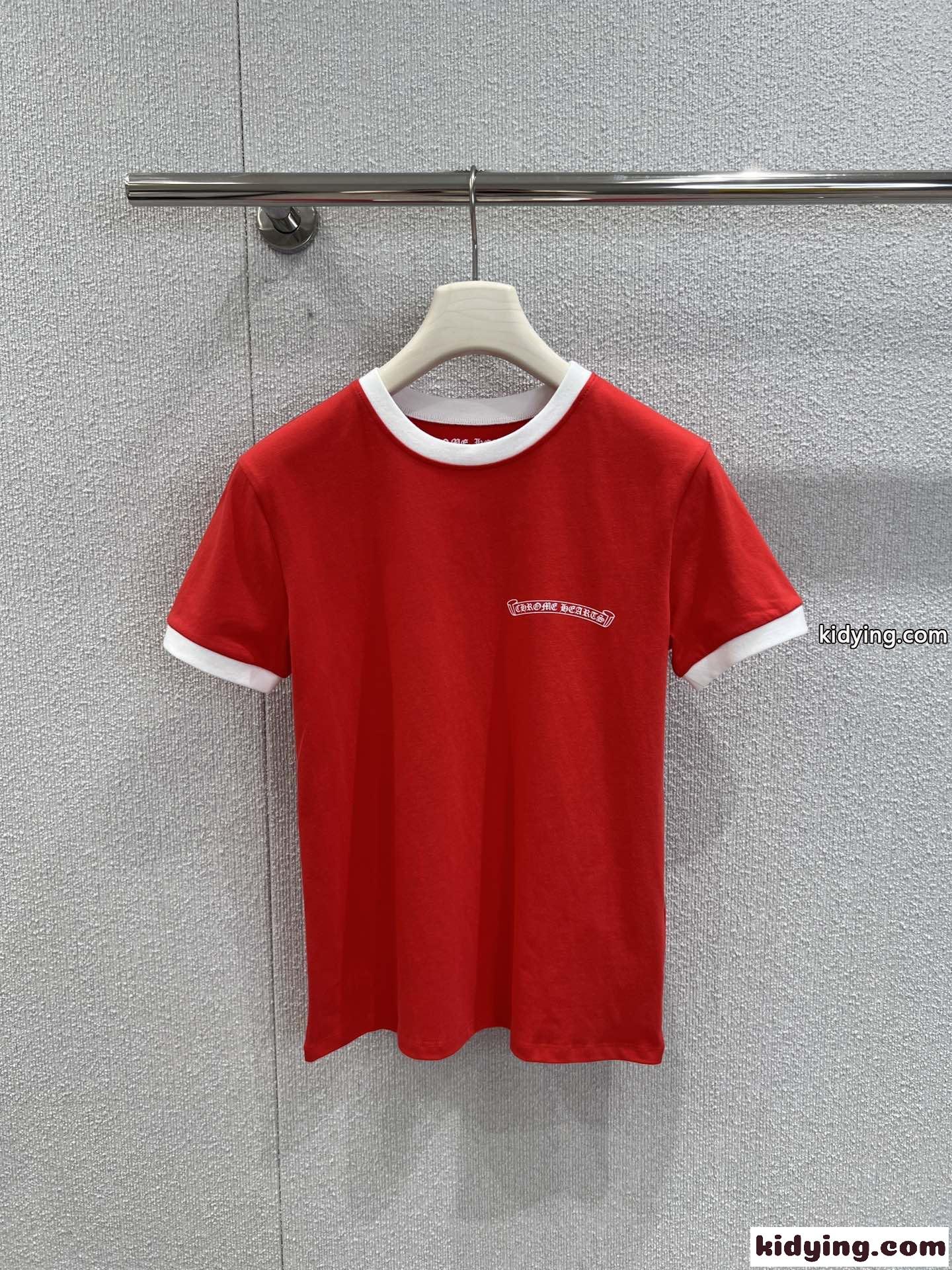 カジュアル ロゴプリント 半袖Tシャツ クロムハーツ Tシャツ 偽物 コットン レッド-1