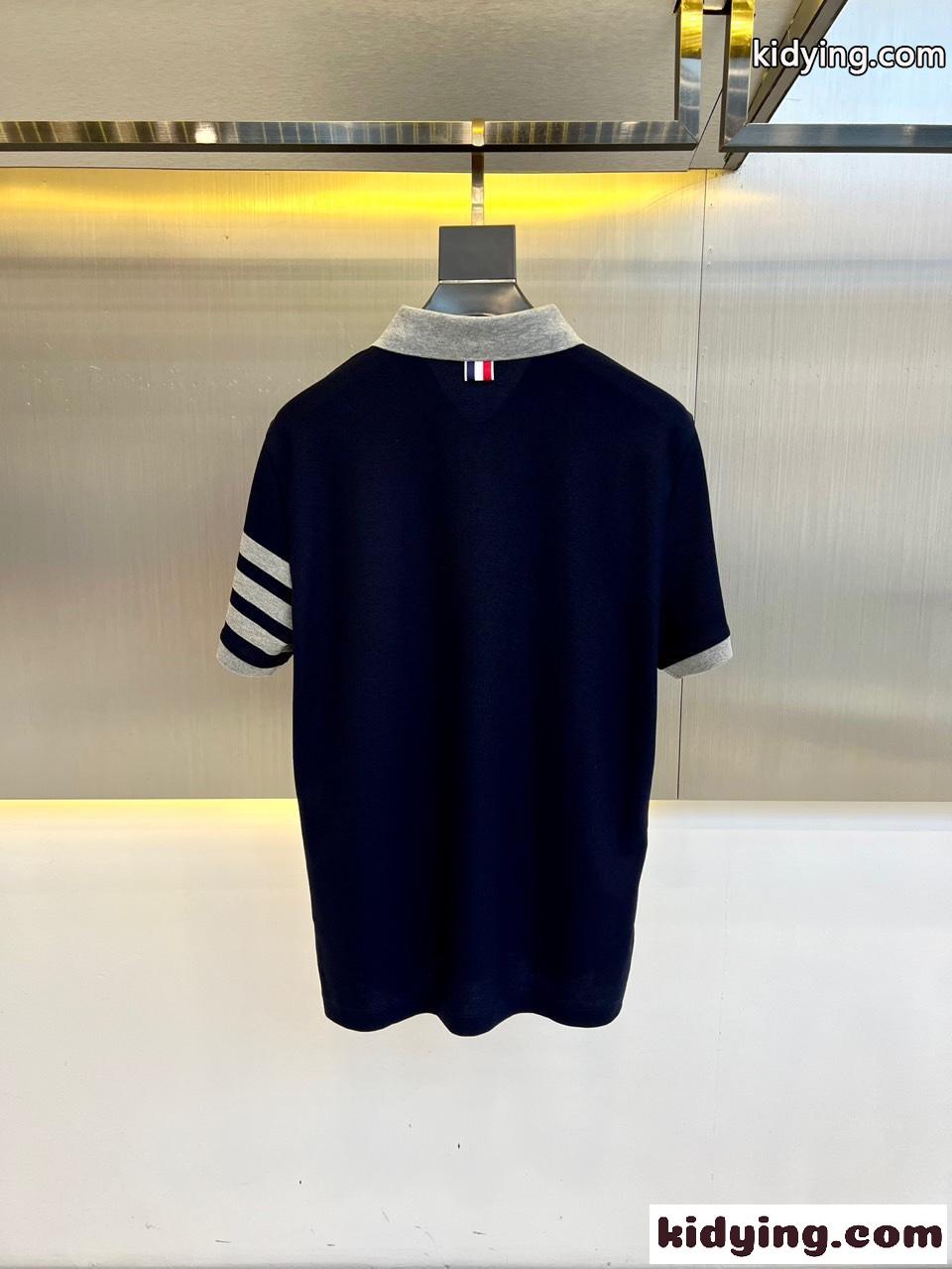 バイカラー コットン 半袖 ポロシャツ トムブラウン Tシャツ 偽物 ネイビー-1