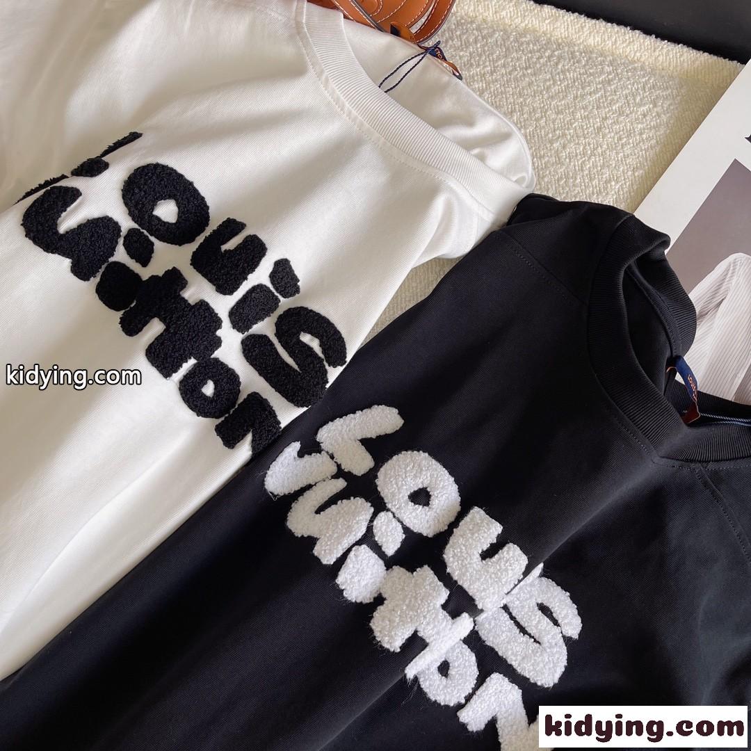 ユニセックス ベーシック ロゴ ルイ・ヴィトン Tシャツ コピー ゆったり カジュアル 半袖 トップス ホワイト ブラック-2