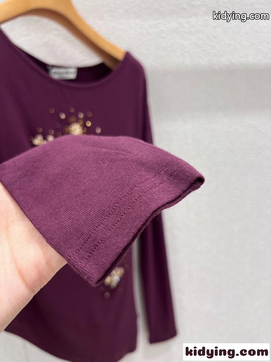 ビジュー装飾 アシンメトリー 長袖カットソー ミュウミュウ Tシャツ コピー パープル-3