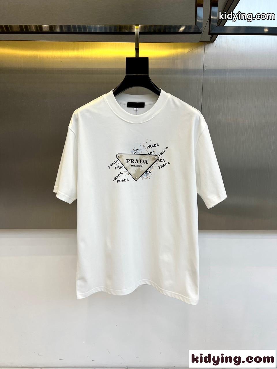 ベーシック クルーネック 半袖Tシャツ プラダ Tシャツ 偽物 コットン ホワイト-0