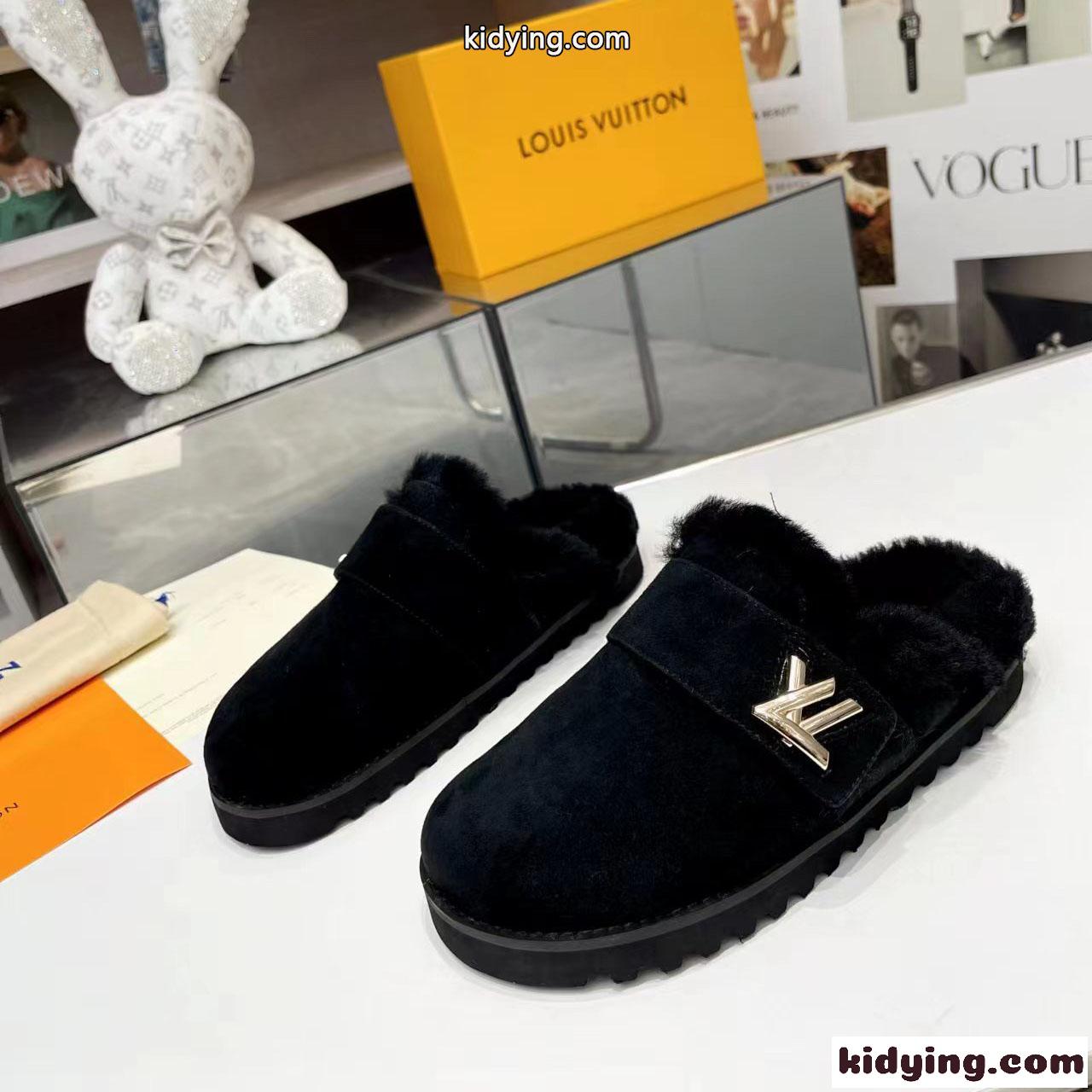 秋冬 ふわふわ LV コージー ミュール サンダル ルイヴィトン サンダル コピー ブラック-1