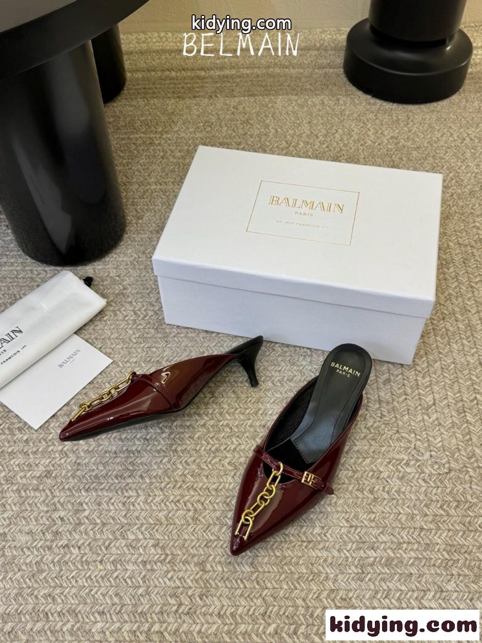 バルマン サンダル コピー ゴールドチェーン レザー ポインテッドトゥ ミュール ボルドー-2