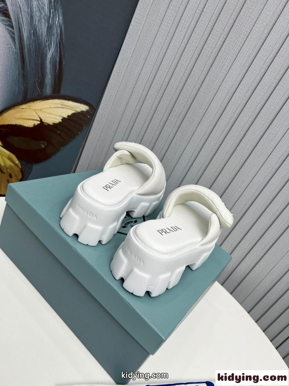 人気 ソフトパデッド ミュール プラダ サンダル コピー レディース 厚底 トライアングルロゴ付 ホワイト-5