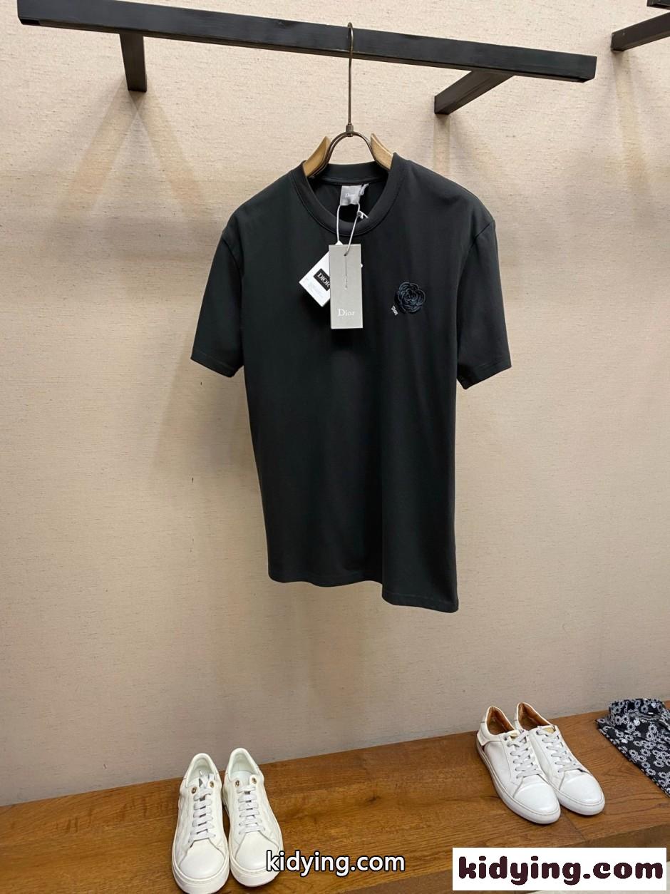 シンプル フラワー刺繡 半袖Tシャツ クリスチャン・ディオール Tシャツ 偽物 ブラック-0