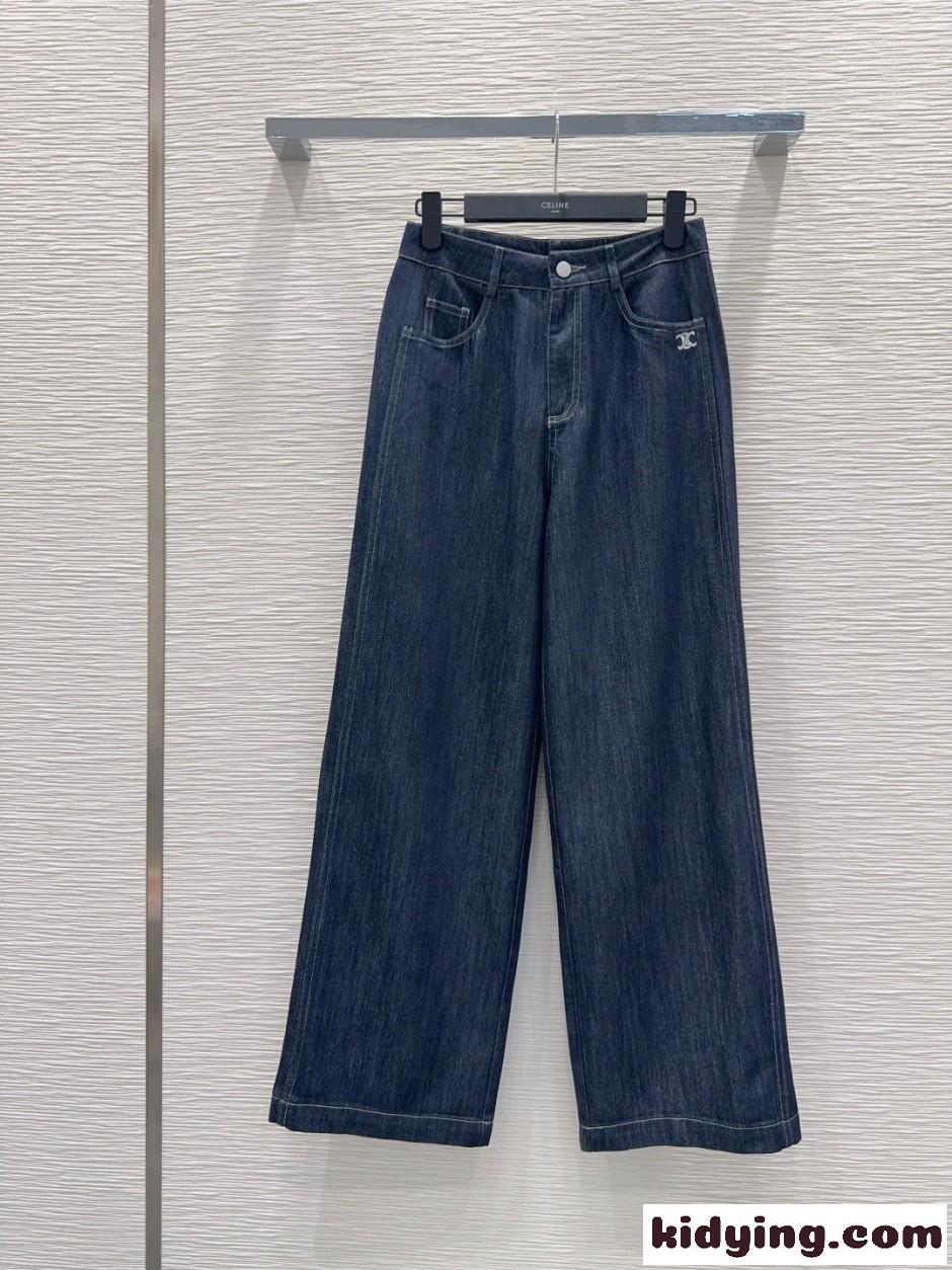 シンプル トリオンフ刺繍 セリーヌ ジーンズ 偽物 合わせやすい デニムパンツ-0