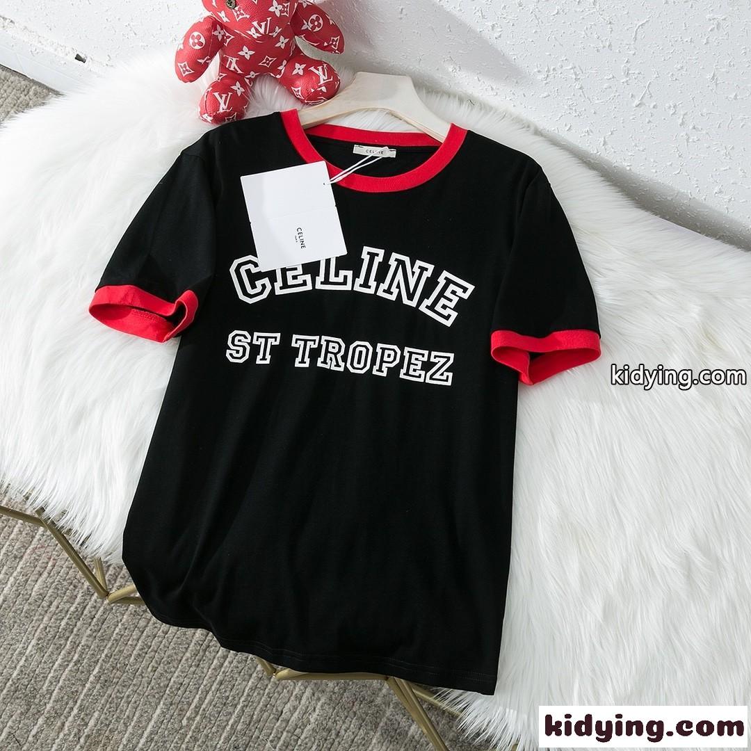 おしゃれ 人気 コットン 着心地いい 配色 ロゴ プリント セリーヌ tシャツ コピー 半袖 クールネック 3色あり-0