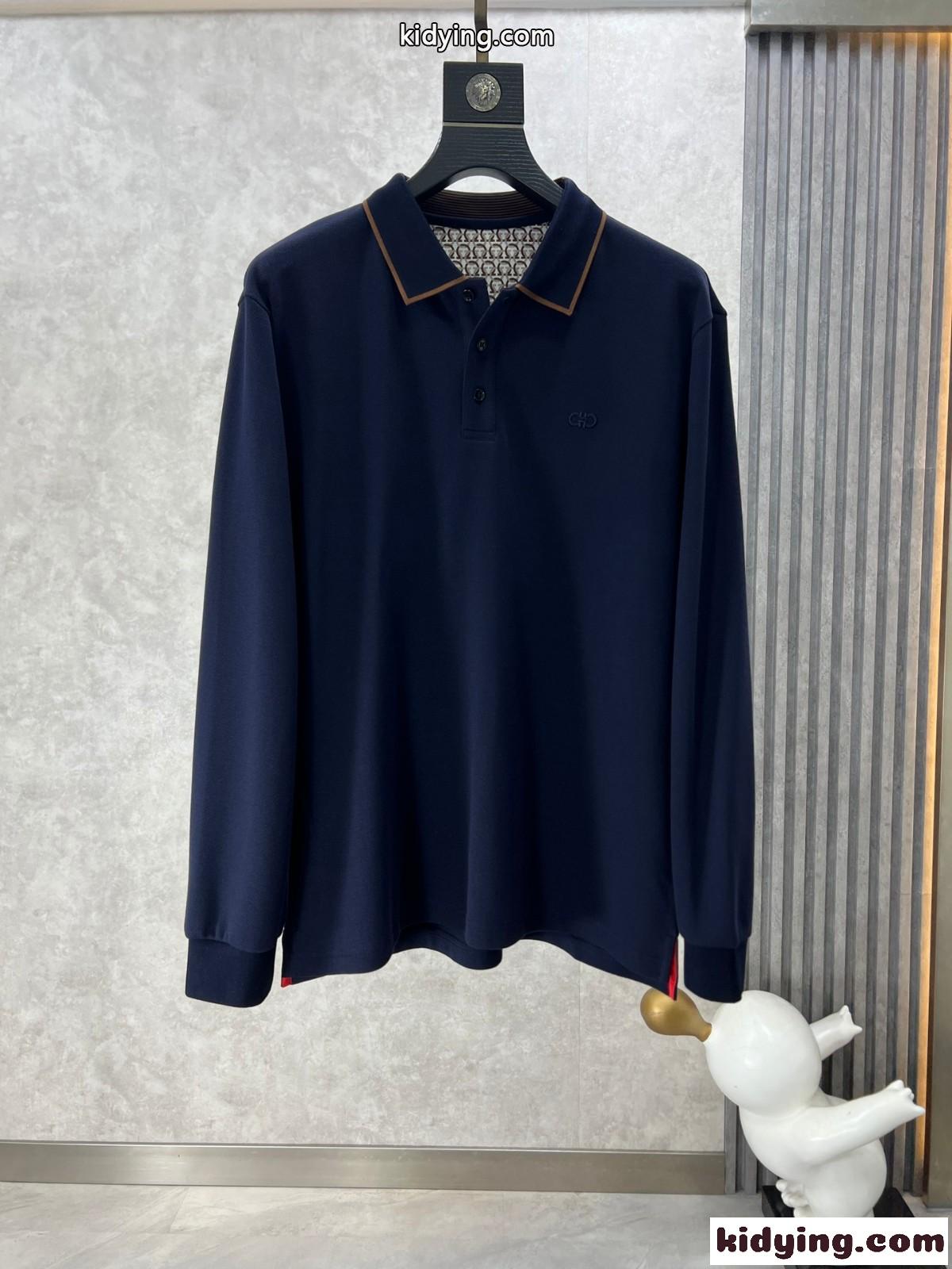 人気 ガンチーニ 刺繍入り 長袖 ポロシャツ サルヴァトーレ・フェラガモ Tシャツ コピー ネイビー-1