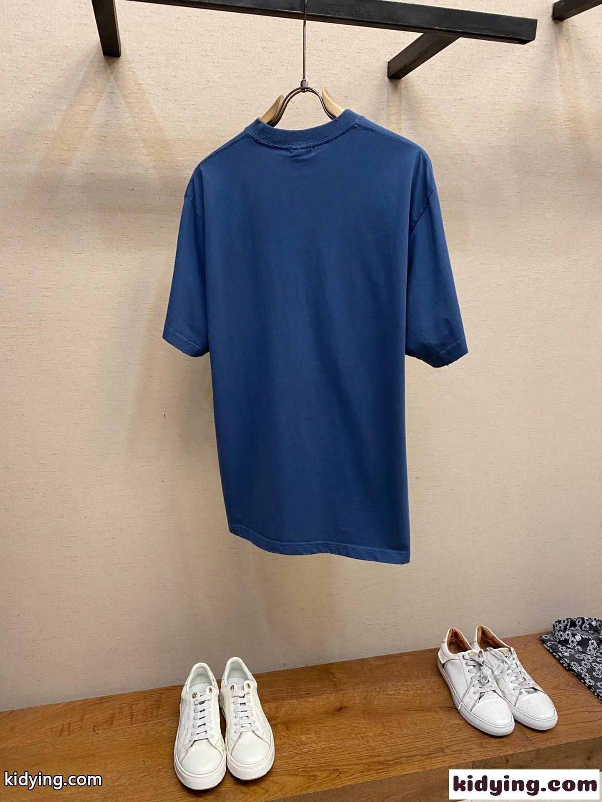 シンプル 刺繍入り クルーネック 半袖Tシャツ バレンシアガ Tシャツ コピー ブルー-1