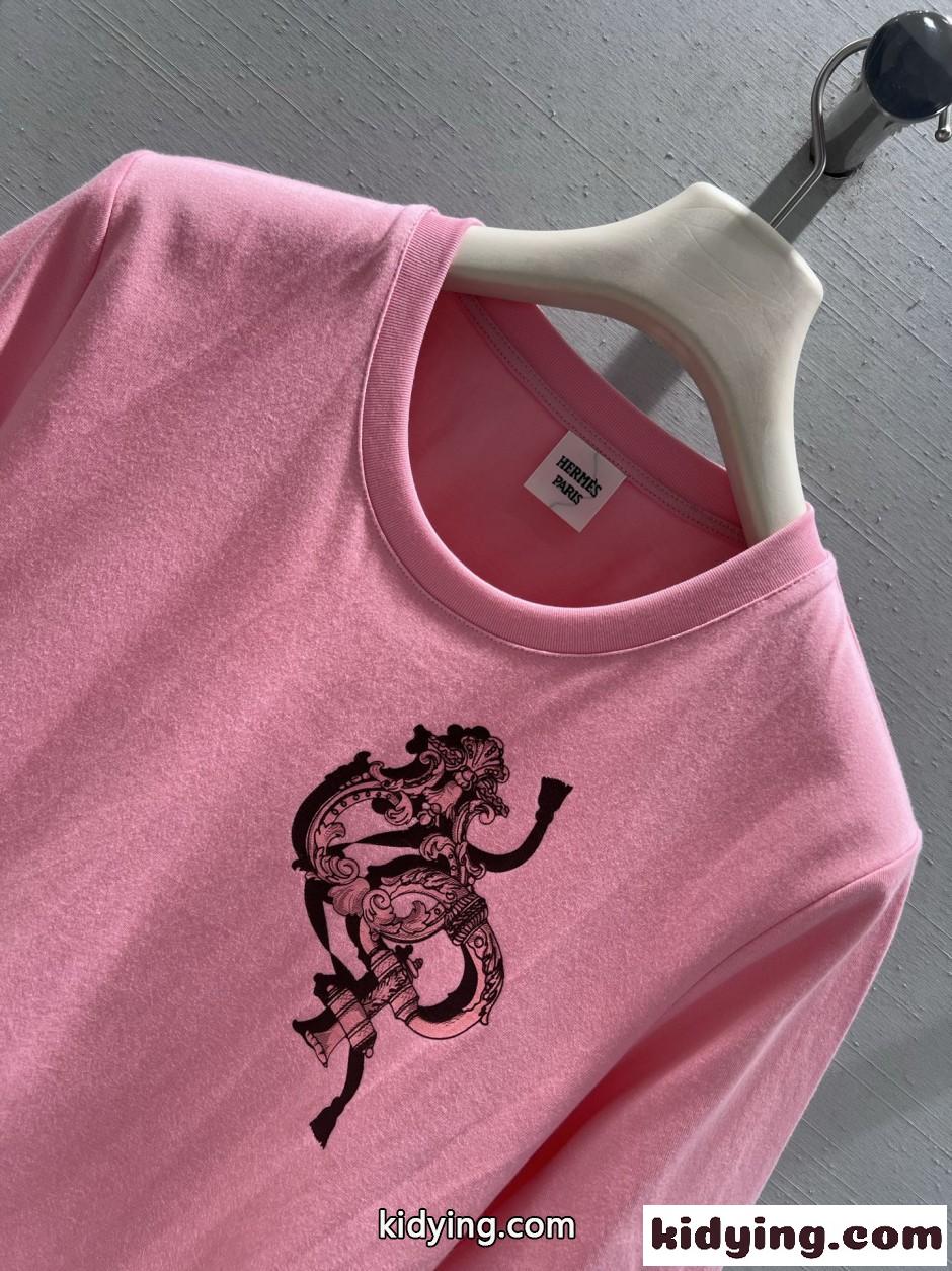 コットン プリント 半袖Tシャツ エルメス Tシャツ コピー クルーネック ピンク-2