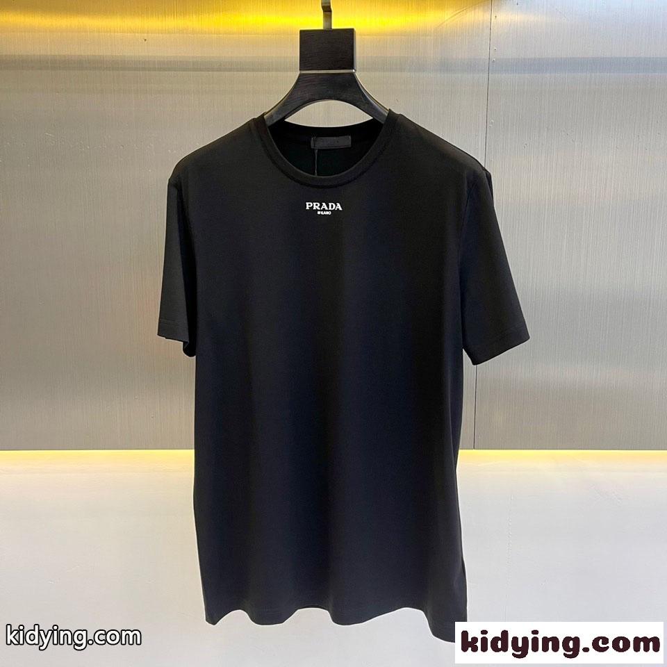 シンプル ロゴ クルーネック 半袖Tシャツ プラダ Tシャツ コピー ブラック-0