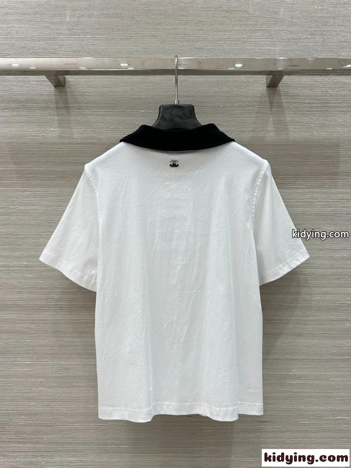 バイカラーの襟が上品♪可愛い シャネル Tシャツ コピー 半袖 トップス ホワイト-4