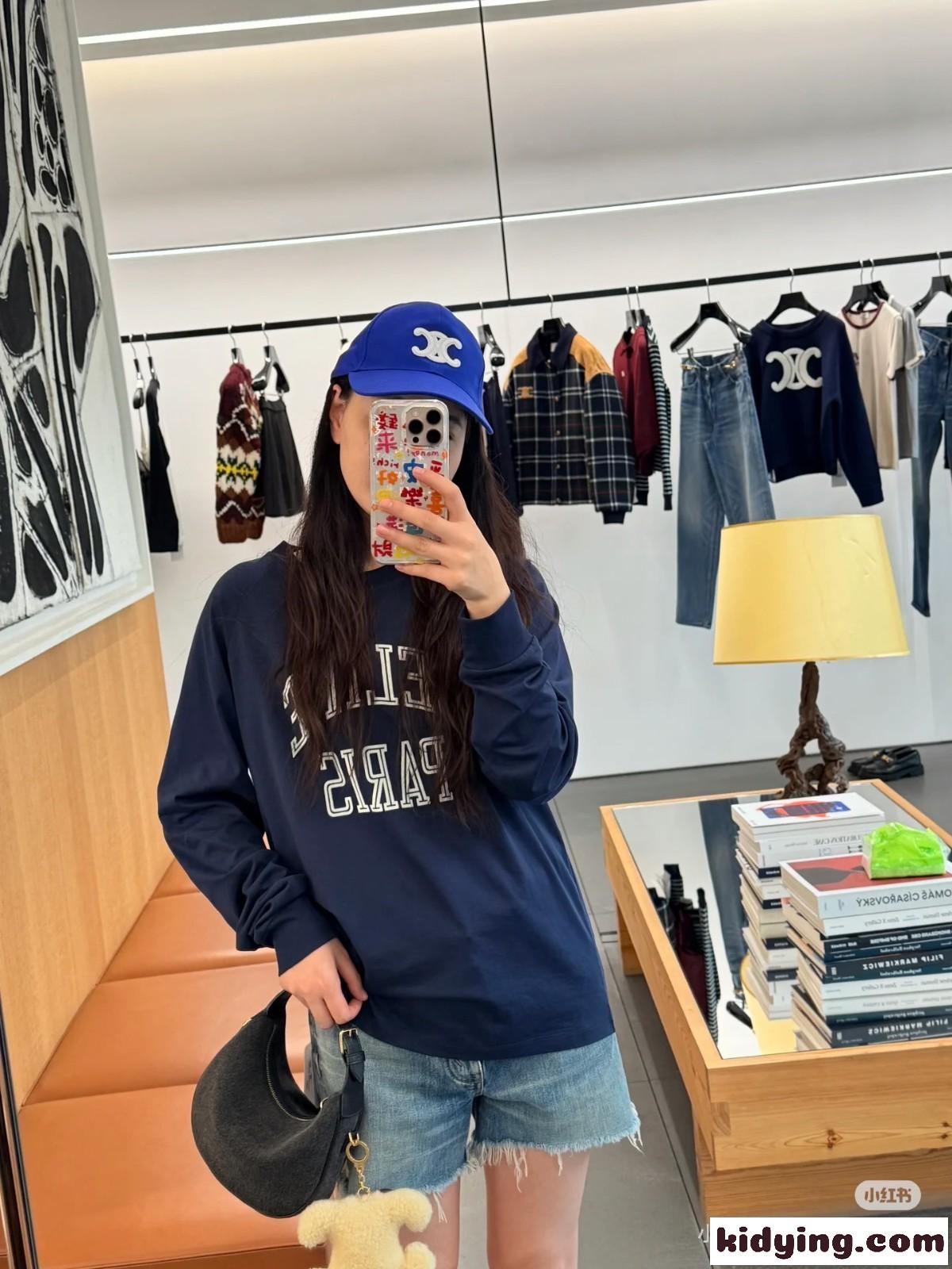 定番 カジュアル コットン 長袖Tシャツ セリーヌ Tシャツ 偽物 ネイビー-5