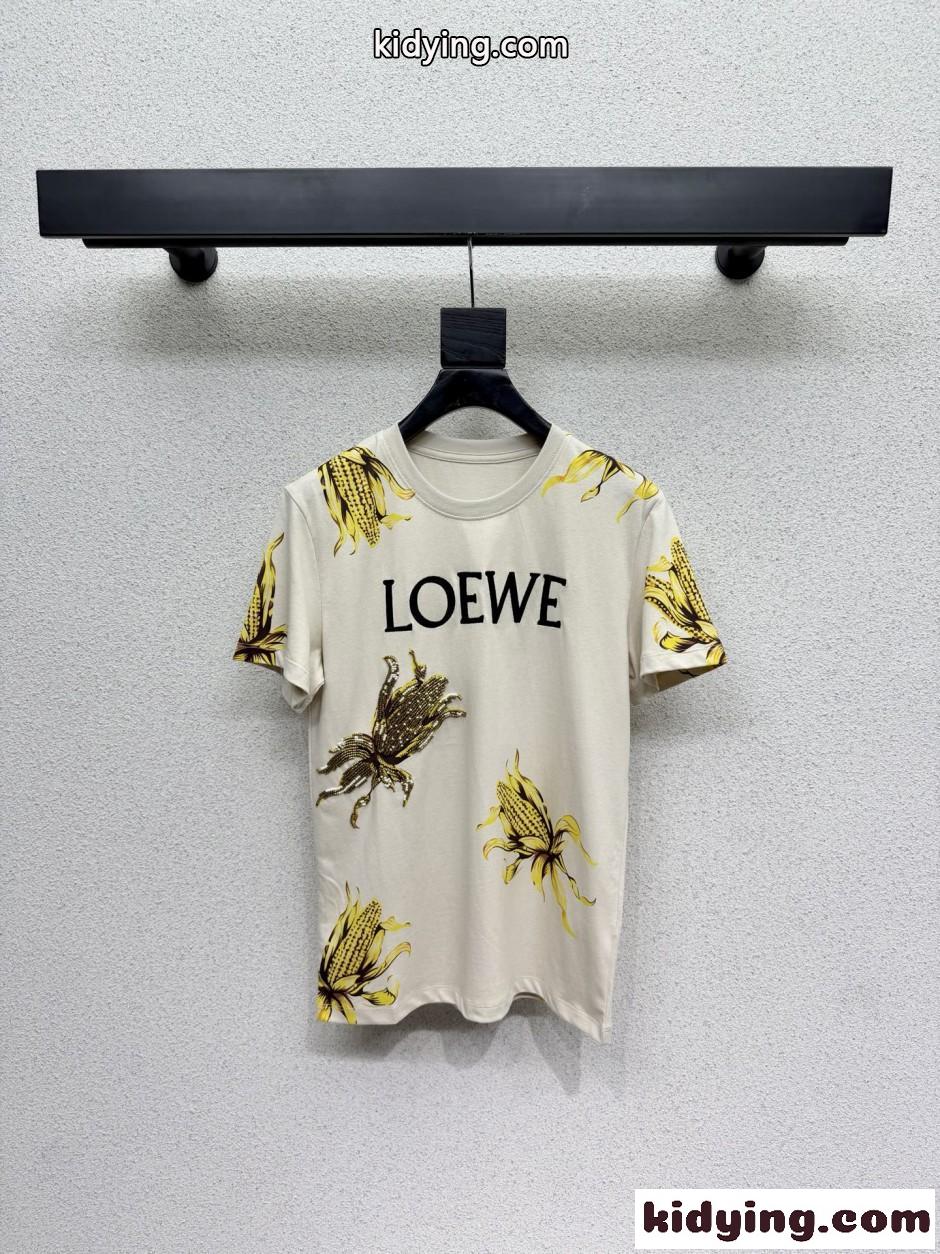 トウモロコシ コットン クルーネック 半袖Tシャツ ロエベ Tシャツ 偽物-0