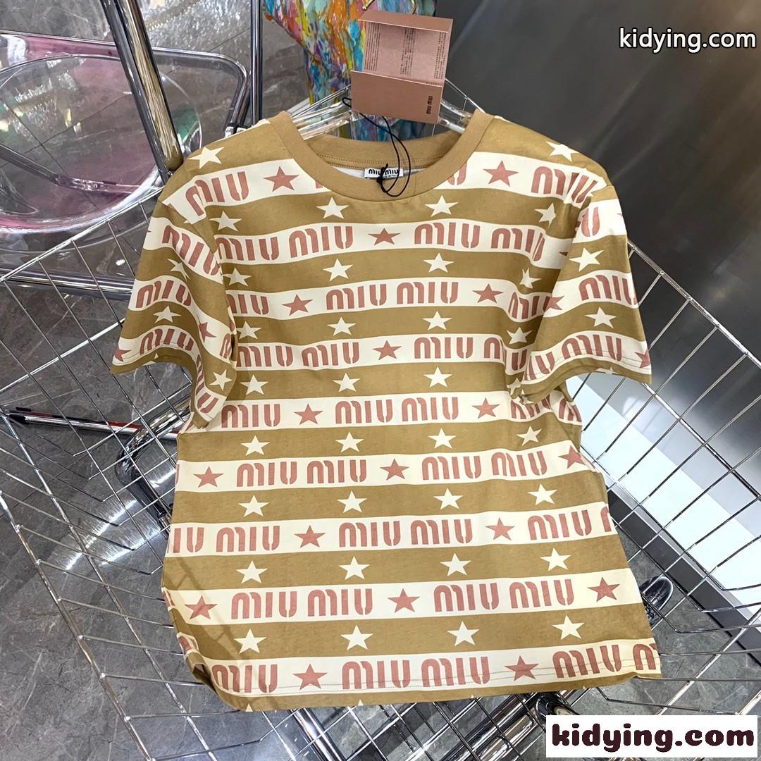 可愛い ロゴプリント ラウンドネック おしゃれ プルオーバー ミュウミュウ 半袖tシャツ コピー ピンク バイカラー-2