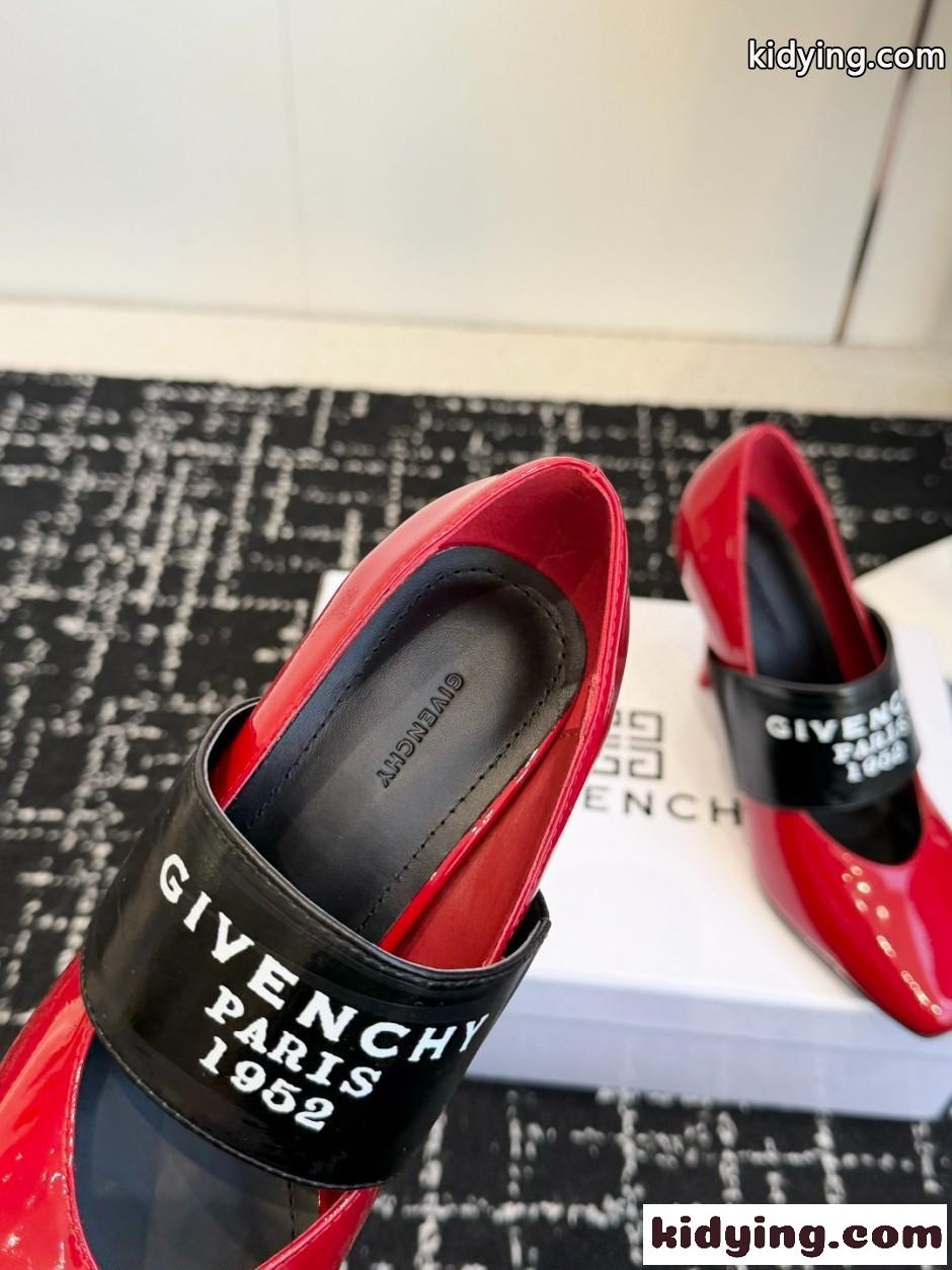 ジバンシィ スーパーコピー スライスドスクエア GIVENCHYテープ パンプス パテントレザー レッド-0