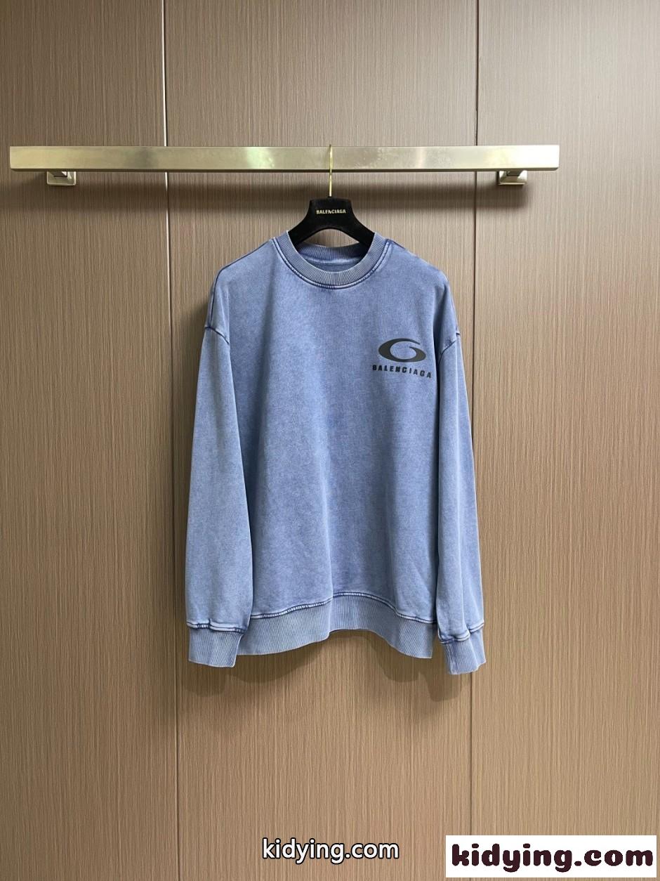 カジュアル ウォッシュ加工 スウェットシャツ バレンシアガ Tシャツ 偽物 ブルー-0