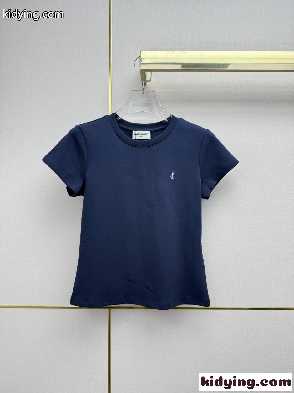 シンプル YSLロゴ 半袖Tシャツ イヴ・サンローラン Tシャツ コピー ネイビー-0