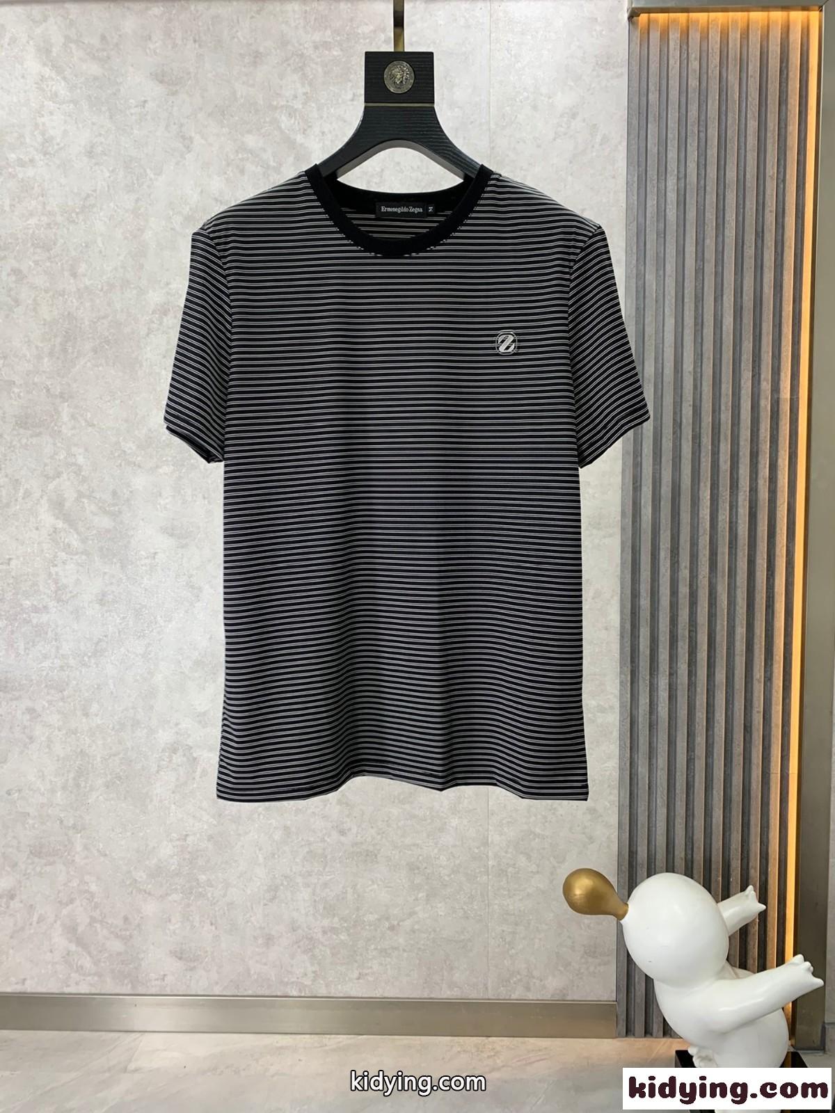 カジュアル ボーダー柄 クルーネック 半袖Tシャツ エルメネジルド・ゼニア Tシャツ コピー-1