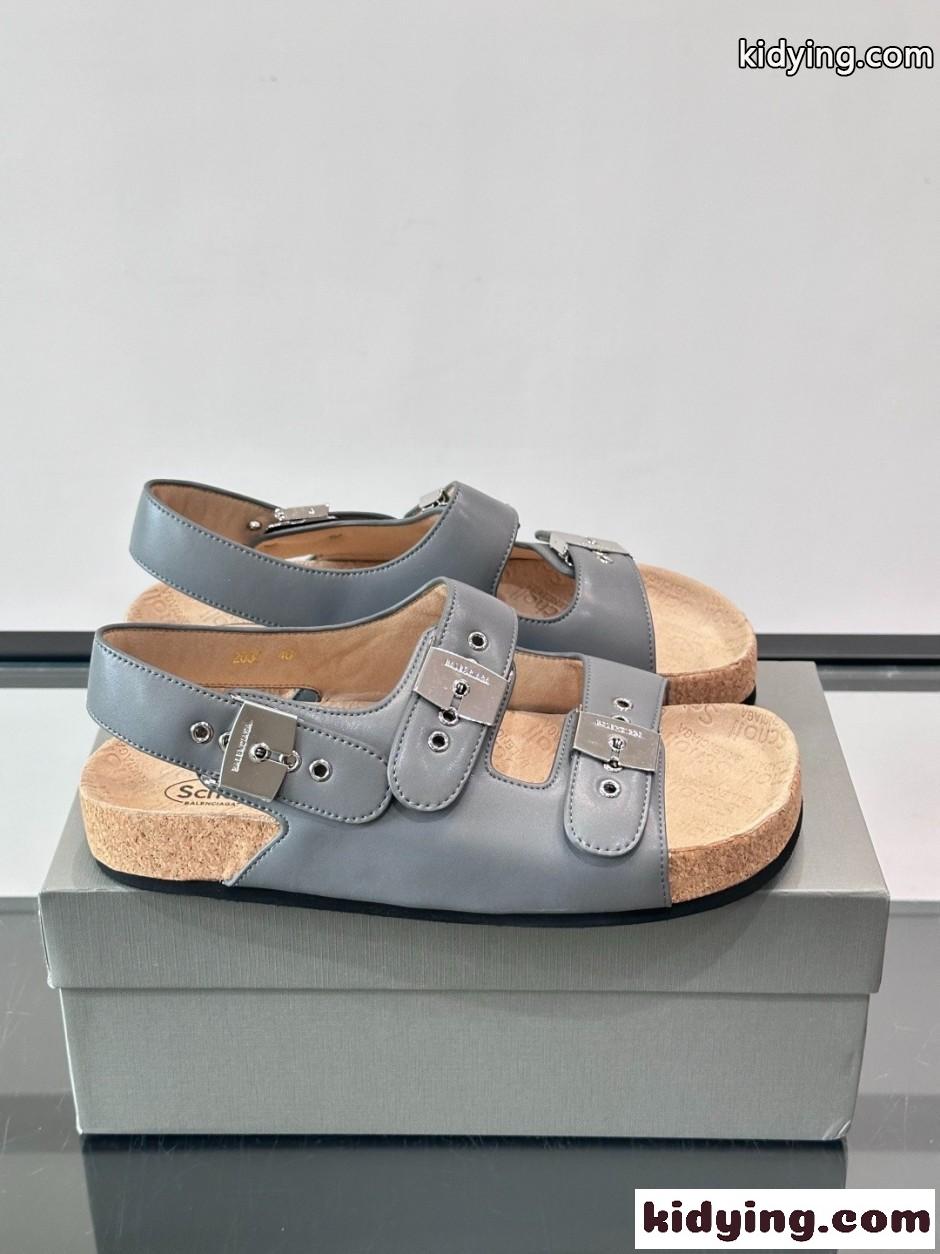 カジュアル 人気 バレンシアガ x Scholl レザー サンダル スーパーコピー グレー-0